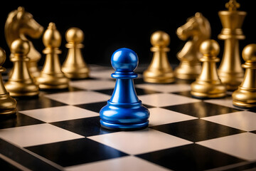 Unique blue pawn standing prominently on a chess board against a blurred background of golden chess pieces, symbolizing strategy and difference.