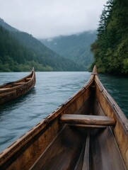 Wooden canoes floating on tranquil lake water, surrounded by dense evergreen forest and misty mountains, embodying peaceful nature exploration and serene travel adventure