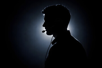 Dramatic backlit silhouette of a man wearing a headset microphone in profile, professional speaker or call center operator against a dark background.