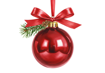 Highly detailed watercolor illustration of a glossy crimson christmas ornament with a gold cap, red satin ribbon, and fresh pine needles, isolated on white. Concept of festive holiday tradition