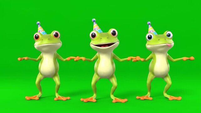 Three animated frogs wearing party hats, dancing and celebrating joyfully on a vibrant green background