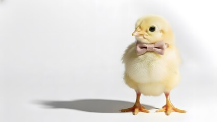 Fototapeta premium Yellow baby chick wearing a pink bow tie. Cute animal for Easter or spring celebration design. Copy space background