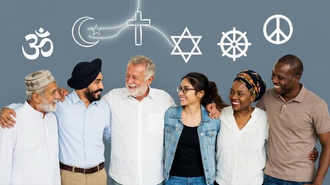 Diverse group of people embracing with animated religious symbols connecting above heads. Interfaith harmony and peace concept with icons of faith. Unity and tolerance among different beliefs