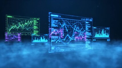 Futuristic Digital Data Analysis and Financial Charts Displayed on Screens. - Powered by Adobe