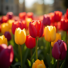 Sunlit Field of Vibrant Red, Purple, and Yellow Spring Tulips