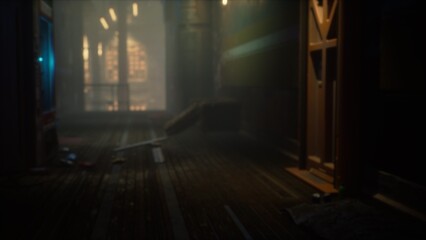 In a dimly lit hallway, soft light filters through the hazy air. Shadows dance against the wooden walls, evoking a sense of mystery and intrigue within the abandoned space.