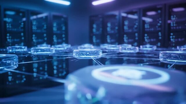 Futuristic Data Center with Glowing Servers and Network Connections.