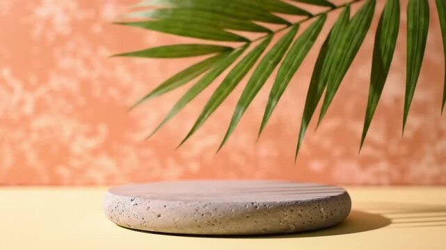 Minimalist product display featuring a round platform with a tropical leaf casting shadows.