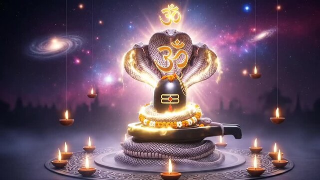 Cosmic shivling animation with serpent energy rising om light flowing diyas and celestial universe motion capturing devotion power spirit blessing prayer mood for sacred maha shivratri celebration
