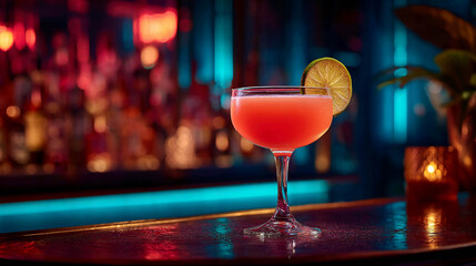 A scarlet-colored cocktail in a glass with a lemon slice on the rim, photographed against a dark background with a neon blue glow &mdash; the image of a premium bar and an evening cocktail.