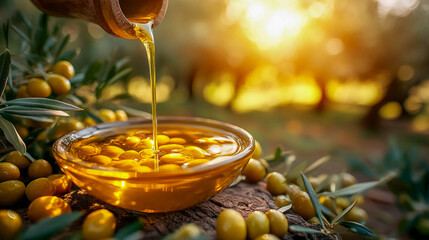 Fresh green olives and a stream of olive oil pouring from a bottle into a bowl against the backdrop of a sunny garden, a concept of healthy eating and natural organic products.