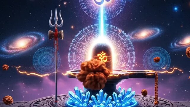 Cosmic universe shivling glowing with divine om light amid stars and galaxies with trishul rudraksha elements symbolizing shiva worship devotion meditation for maha shivratri celebration