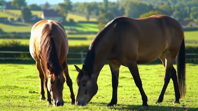 Two horses grazing in a vibrant green pasture on a sunny day