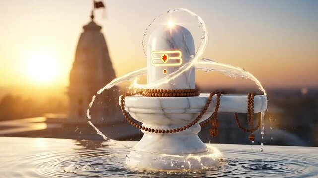 Maha Shivratri animation of marble shivling glowing at sunrise with sacred water ring showing hindu worship devotion meditation ritual temple celebration motion spirituality prayer culture