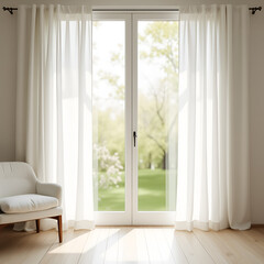 Elegant French Doors with Sheer White Curtains and Sunny Garden View