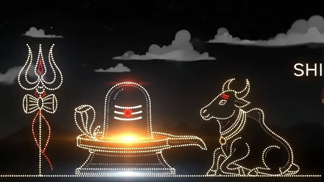 Maha Shivratri animation of glowing shivling trishul damru and nandi light dots in night scene showing hindu worship devotion prayer ritual festival spirituality motion celebration