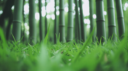 Serene bamboo forest with lush green grass covering ground, creating tranquil atmosphere. tall bamboo stalks rise majestically, filtering soft light through leaves, enhancing peaceful environment