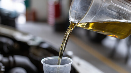 Pouring golden oil from transparent jug into cup, showcasing close up view of liquid smooth texture and color. setting is automotive workshop, emphasizing maintenance and care