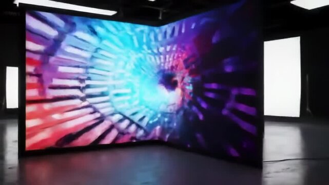 Abstract digital art installation featuring vibrant colors and dynamic tunnel effect, modern design.