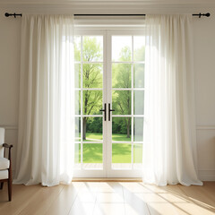 Elegant French Doors with Sheer White Curtains and Sunny Garden View