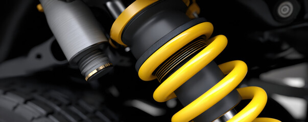 High quality automotive engineering image showcasing modern shock absorber with yellow coil spring, emphasizing precision and innovation in vehicle suspension systems