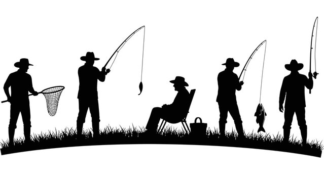 Silhouettes of men fishing with rods and a net on a grassy bank, depicting various stages of the hobby and leisure activity.