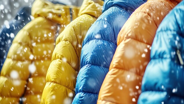 Assortment of vibrant yellow, blue, and orange puffer jackets with falling snow, ideal for winter fashion and cold weather apparel.