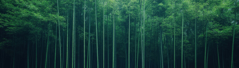 Serene bamboo forest with tall, slender stalks reaching towards sky, creating tranquil atmosphere. lush greenery envelops scene, inviting peace and reflection