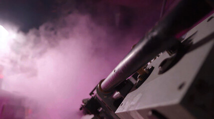 Intense close up of lithography machine emitting vibrant colors amidst cloud of smoke, showcasing intricate details and high fidelity in dynamic environment