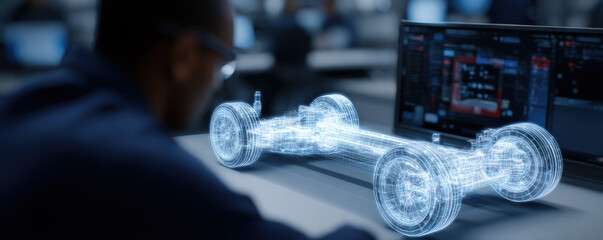 Person observes digital visualization of car suspension system, showcasing intricate details and high fidelity in modern workspace. atmosphere is focused and innovative