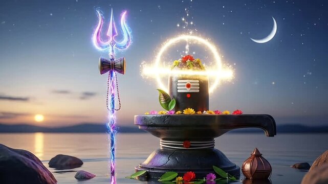 Maha Shivratri devotional motion video of divine shivling with glowing trishul damru and evening sky spiritual animation for hindu worship meditation prayer and mahadev celebration