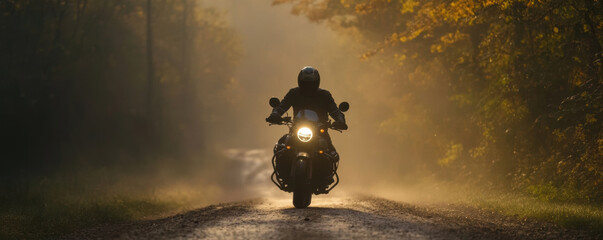 Motorcycle rides down foggy forest road, surrounded by trees with autumn foliage. soft light creates serene atmosphere, evoking sense of adventure and tranquility