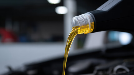 Smoothly pouring golden motor oil into modern vehicle engine, showcasing importance of quality lubrication for optimal performance and longevity