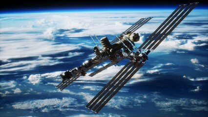 A massive space station floats gracefully in orbit, surrounded by stunning blue hues of Earth and fluffy white clouds. It symbolizes human achievement in aerospace exploration and technology. © icetray