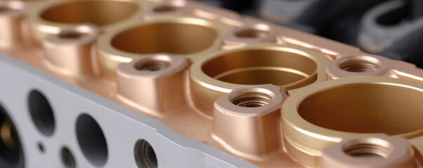 High quality engine component showcasing metallic surface with golden oil coating, emphasizing precision engineering and durability. This captures intricate details of engine part