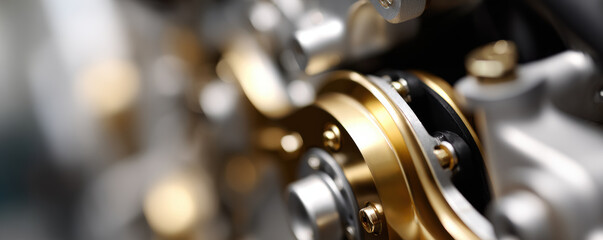 High quality close up of mechanical engine component featuring golden oil coating, showcasing intricate details and precision engineering. image evokes sense of innovation and craftsmanship