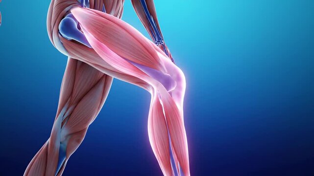 Anatomical illustration of human leg muscles and skeleton against blue