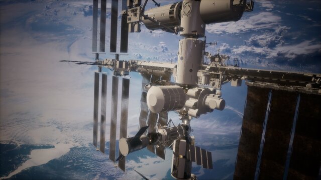 Bright sunlight illuminates the International Space Station, showcasing its intricate structure against the backdrop of Earth. Satellite arrays and modules reflect the beauty of space.