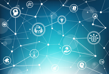 Mental health vector. Blue image with icons related to psychotherapy / psychological help & counseling for depression, anxiety, bipolar disorder, trauma, burnout / empathy & therapy & support.