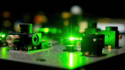 High tech light source module of lithography emitting green laser beam, showcasing advanced optics and precision engineering laboratory setting. vibrant green light highlights intricate components