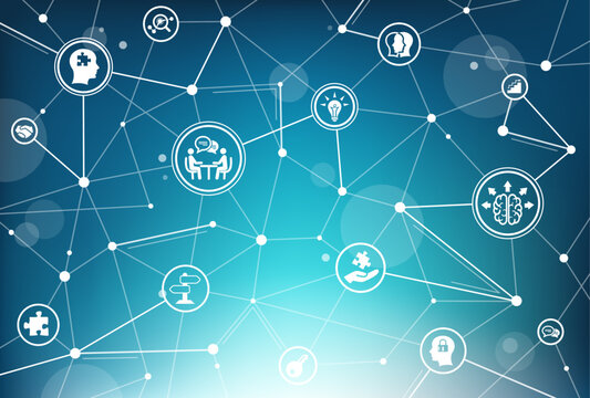 Mental health vector. Blue image with icons related to psychotherapy / psychological help & counseling for depression, anxiety, bipolar disorder, trauma, burnout / empathy & therapy & support.