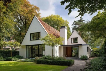 Obraz premium A contemporary home featuring a distinctive sloped roof, nestled amidst lush trees, and set in a picturesque outdoor landscape, all bathed in daylight