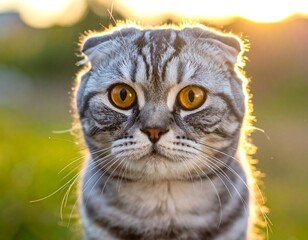 Portrait of a Scottish Fold Cat with Striking Amber Eyes in Golden Sunlight.