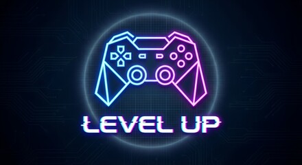 Neon game controller with level up text on dark circuit background for gaming competition esports tournament streaming overlay virtual reality achievement and futuristic cyber technology