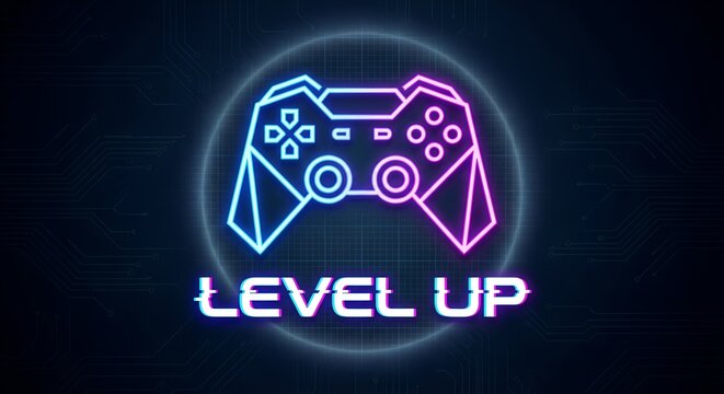 Neon game controller with level up text on dark circuit background for gaming competition esports tournament streaming overlay virtual reality achievement and futuristic cyber technology - Powered by Adobe