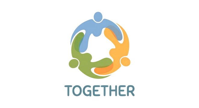 Abstract together logo with people in a circle, community unity symbol for teamwork, colorful human figures icon for social connection and partnership