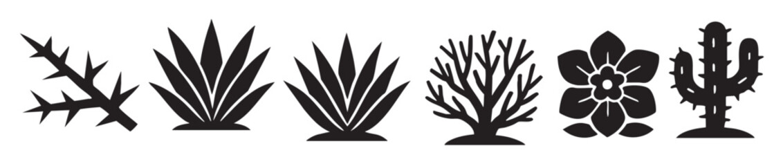 Six black silhouette icons of desert plants and flowers on white background cactus © Dais