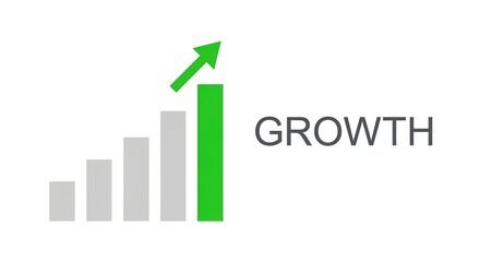 Business growth bar chart with upward green arrow representing financial success, economic progress, corporate profit increase, investment development, and successful market performance goals