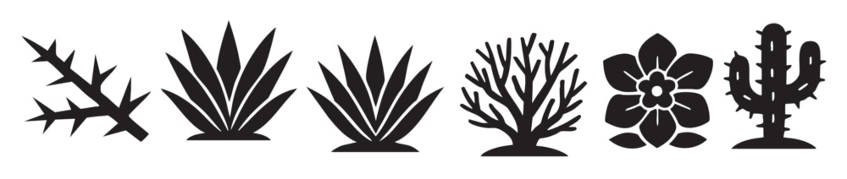 Six black silhouette icons of desert plants and flowers on white background cactus