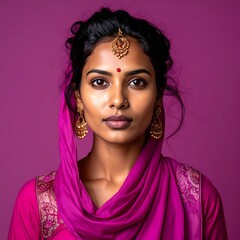 Portrait of a serene Indian woman with traditional jewelry and a magenta veil.